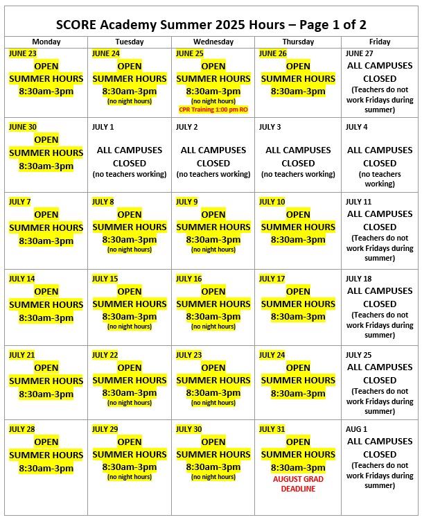June & July Calendar